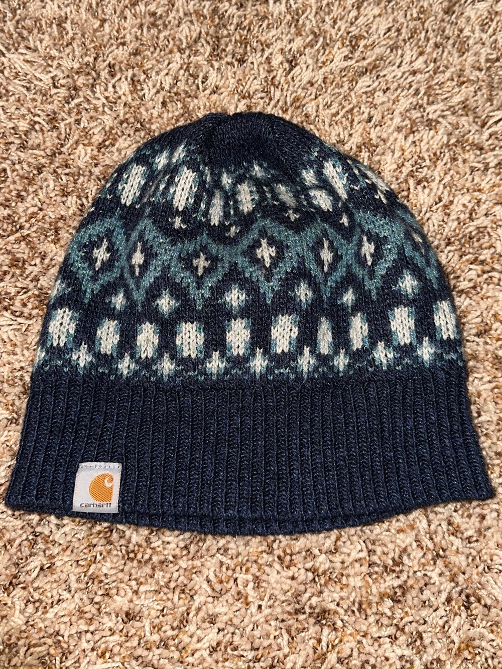 Carhartt Kids Navy and Cream Fair Isle Knit Beanie
